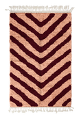 Load image into Gallery viewer, Arrow Stride zebra stripe wool rug, oxblood red stripes on blush pink, full view from above with fringed ends
