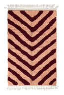 Arrow Stride zebra stripe wool rug, oxblood red stripes on blush pink, full view from above with fringed ends
