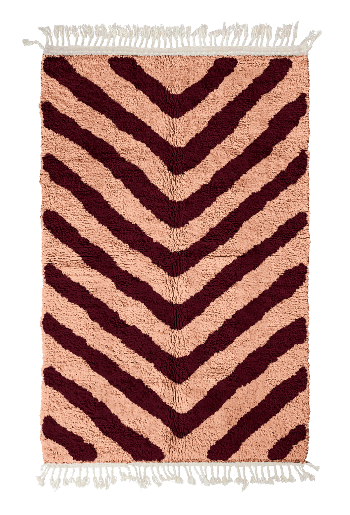 Arrow Stride zebra stripe wool rug, oxblood red stripes on blush pink, full view from above with fringed ends