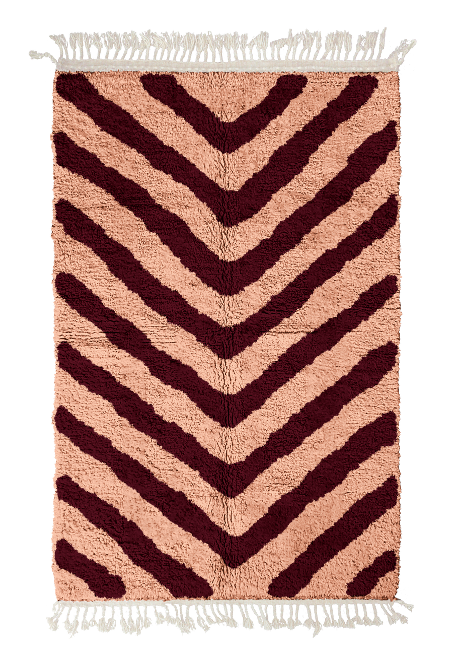 Arrow Stride zebra stripe wool rug, oxblood red stripes on blush pink, full view from above with fringed ends