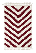 Load image into Gallery viewer, Arrow Stride zebra stripe wool rug, burgundy stripes on cream, full view from above with fringed ends
