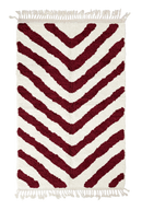 Arrow Stride zebra stripe wool rug, burgundy stripes on cream, full view from above with fringed ends
