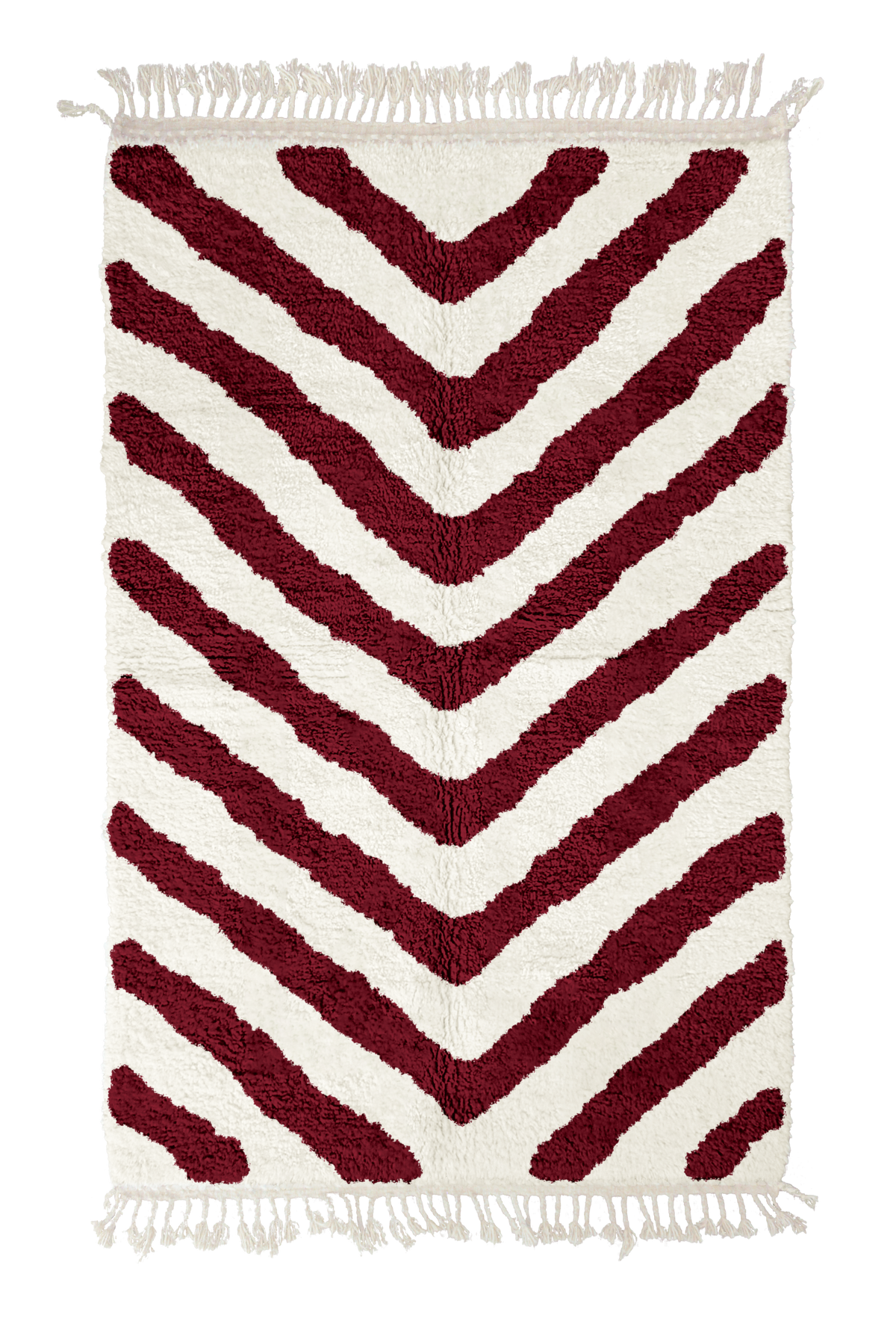 Arrow Stride zebra stripe wool rug, burgundy stripes on cream, full view from above with fringed ends