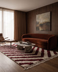Load image into Gallery viewer, Burgundy and Cream zebra stripe wool rug in a furnished room
