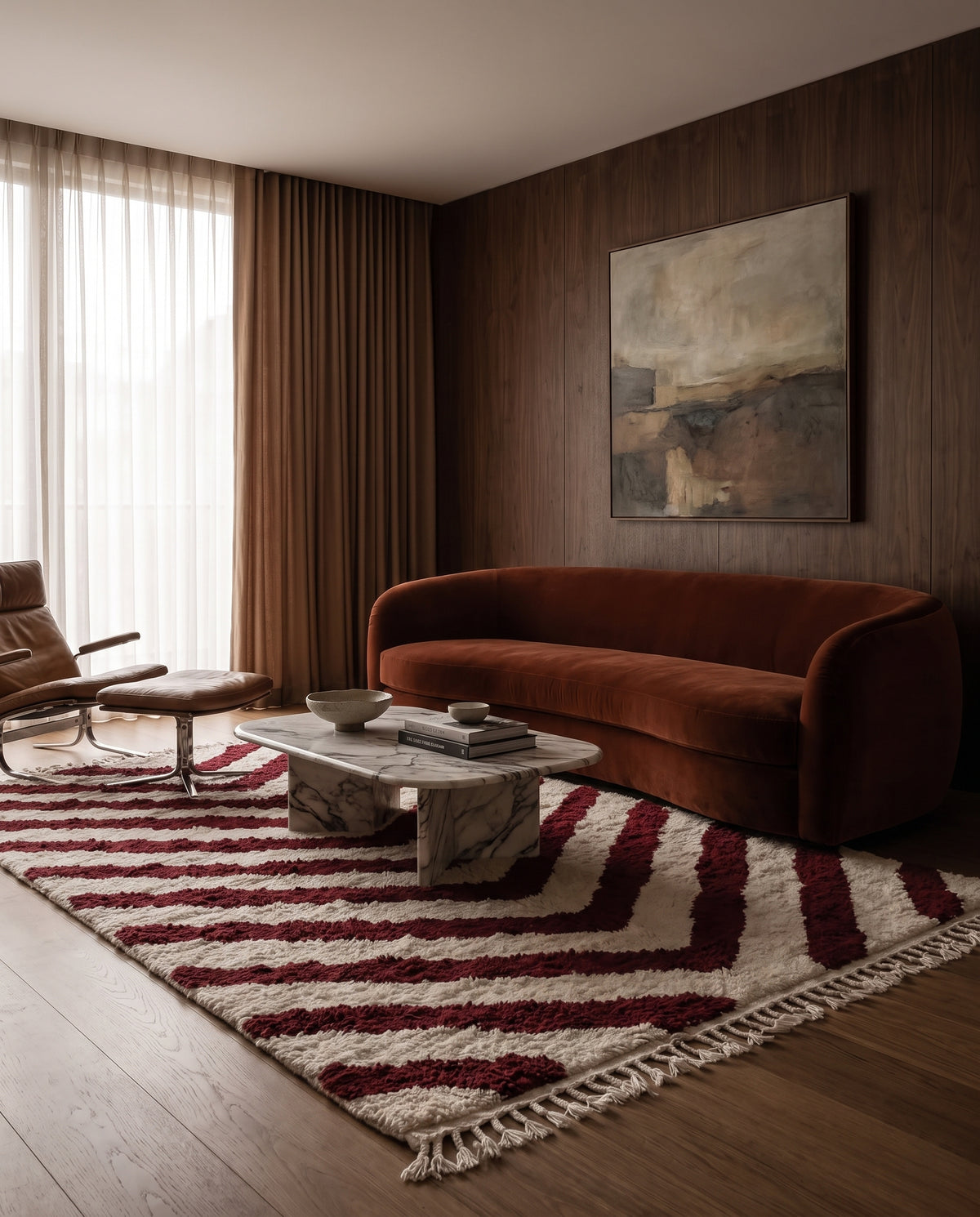 Burgundy and Cream zebra stripe wool rug in a furnished room