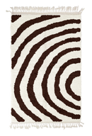 Arc Stride zebra stripe wool rug, dark brown stripes on cream, full view from above with fringed ends