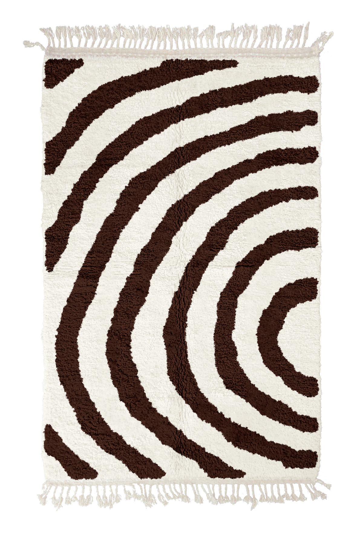 Arc Stride zebra stripe wool rug, dark brown stripes on cream, full view from above with fringed ends