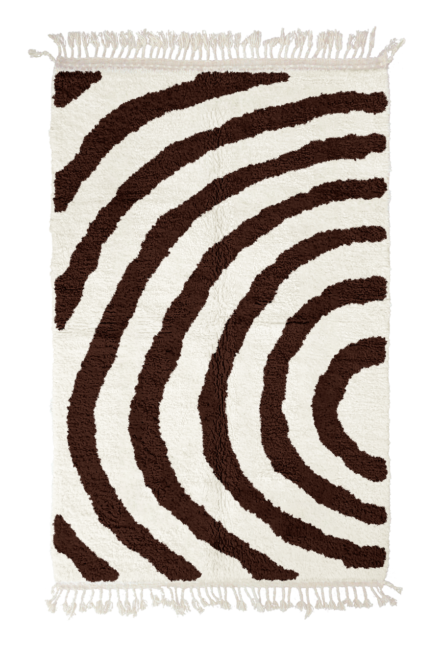 Arc Stride zebra stripe wool rug, dark brown stripes on cream, full view from above with fringed ends