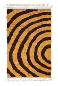Load image into Gallery viewer, Arc Stride zebra stripe wool rug, dark brown stripes on ochre yellow, full view from above with fringed ends
