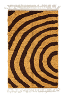 Arc Stride zebra stripe wool rug, dark brown stripes on ochre yellow, full view from above with fringed ends