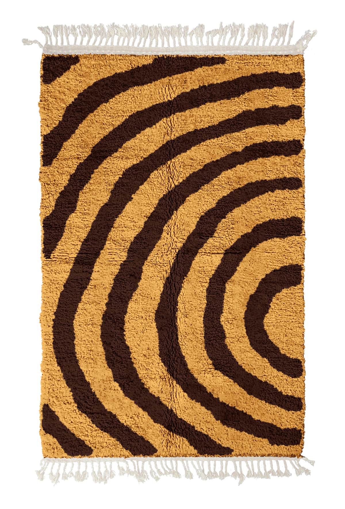 Arc Stride zebra stripe wool rug, dark brown stripes on ochre yellow, full view from above with fringed ends