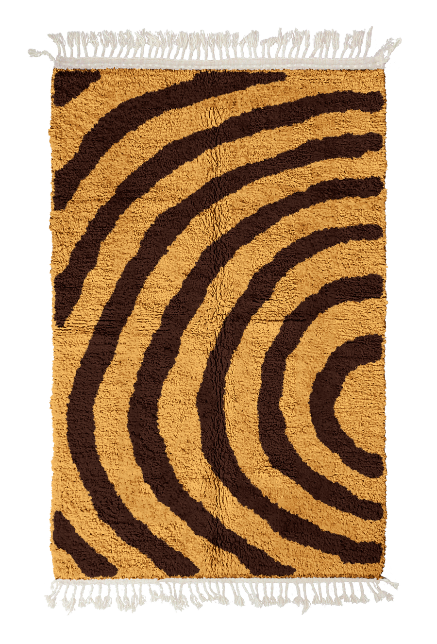 Arc Stride zebra stripe wool rug, dark brown stripes on ochre yellow, full view from above with fringed ends