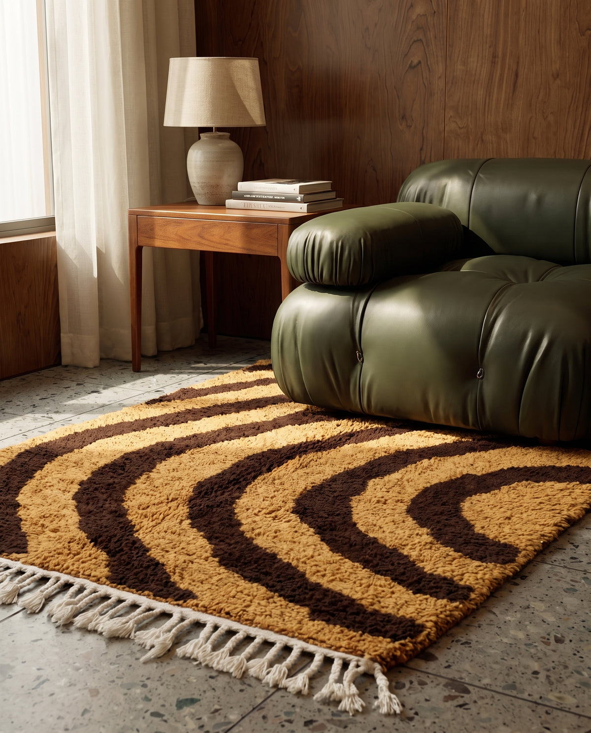Brown and Ochre Yellow zebra stripe wool rug in a furnished room