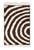 Load image into Gallery viewer, Arc Stride zebra stripe wool rug, cream stripes on dark espresso brown, full view from above with fringed ends
