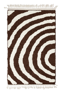 Arc Stride zebra stripe wool rug, cream stripes on dark espresso brown, full view from above with fringed ends