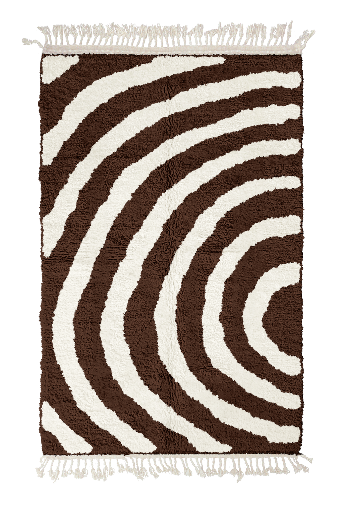 Arc Stride zebra stripe wool rug, cream stripes on dark espresso brown, full view from above with fringed ends