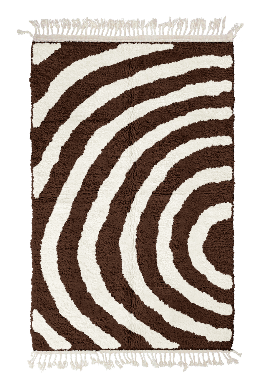 Arc Stride zebra stripe wool rug, cream stripes on dark espresso brown, full view from above with fringed ends