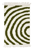 Load image into Gallery viewer, Arc Stride zebra stripe wool rug, olive green stripes on cream, full view from above with fringed ends
