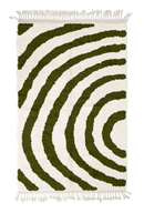 Arc Stride zebra stripe wool rug, olive green stripes on cream, full view from above with fringed ends