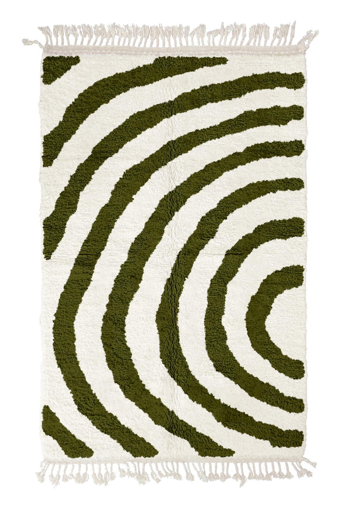 Arc Stride zebra stripe wool rug, olive green stripes on cream, full view from above with fringed ends