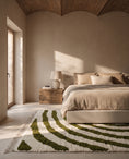 Load image into Gallery viewer, Olive Green and Cream zebra stripe wool rug in a furnished room
