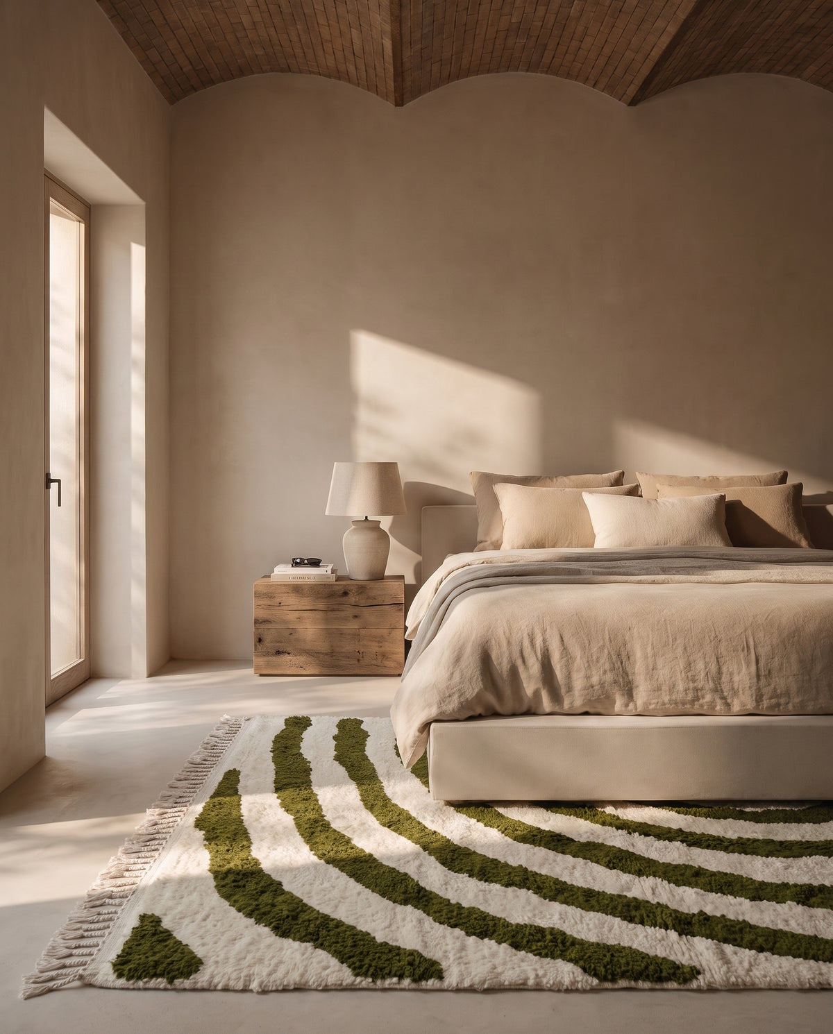 Olive Green and Cream zebra stripe wool rug in a furnished room