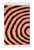 Load image into Gallery viewer, Arc Stride zebra stripe wool rug, oxblood red stripes on blush pink, full view from above with fringed ends
