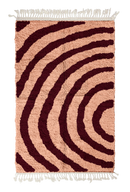 Arc Stride zebra stripe wool rug, oxblood red stripes on blush pink, full view from above with fringed ends