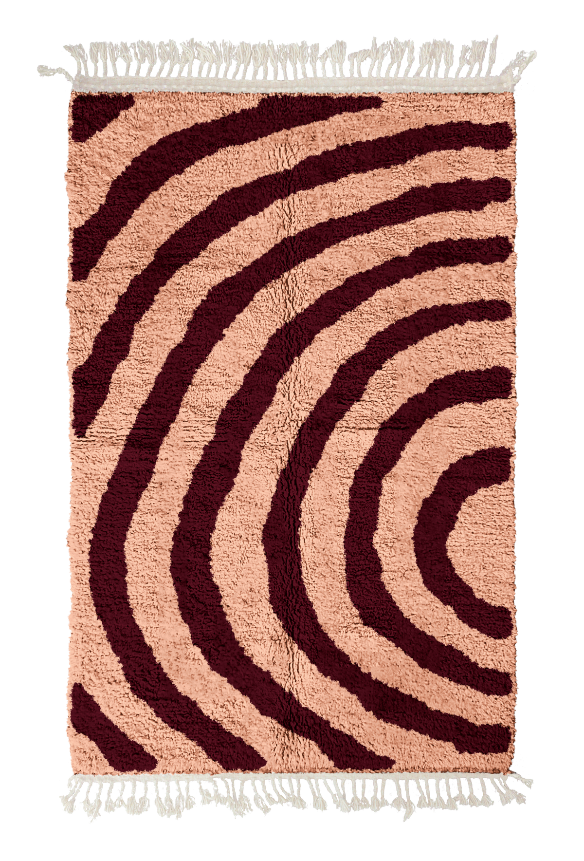 Arc Stride zebra stripe wool rug, oxblood red stripes on blush pink, full view from above with fringed ends