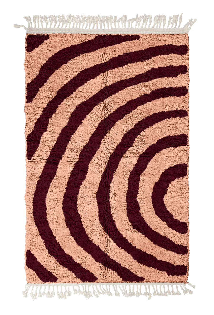 Arc Stride zebra stripe wool rug, oxblood red stripes on blush pink, full view from above with fringed ends