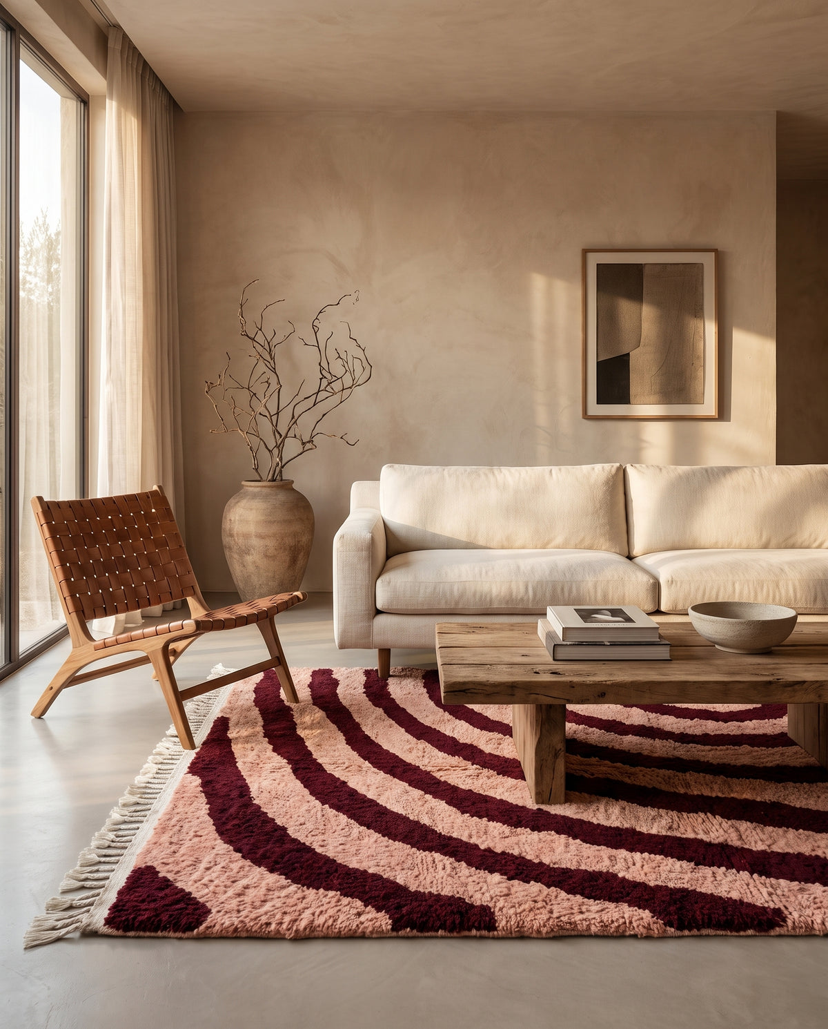 Burgundy and Blush Pink zebra stripe wool rug in a furnished room