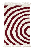 Load image into Gallery viewer, Arc Stride zebra stripe wool rug, burgundy stripes on cream, full view from above with fringed ends
