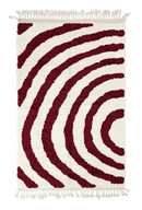 Arc Stride zebra stripe wool rug, burgundy stripes on cream, full view from above with fringed ends