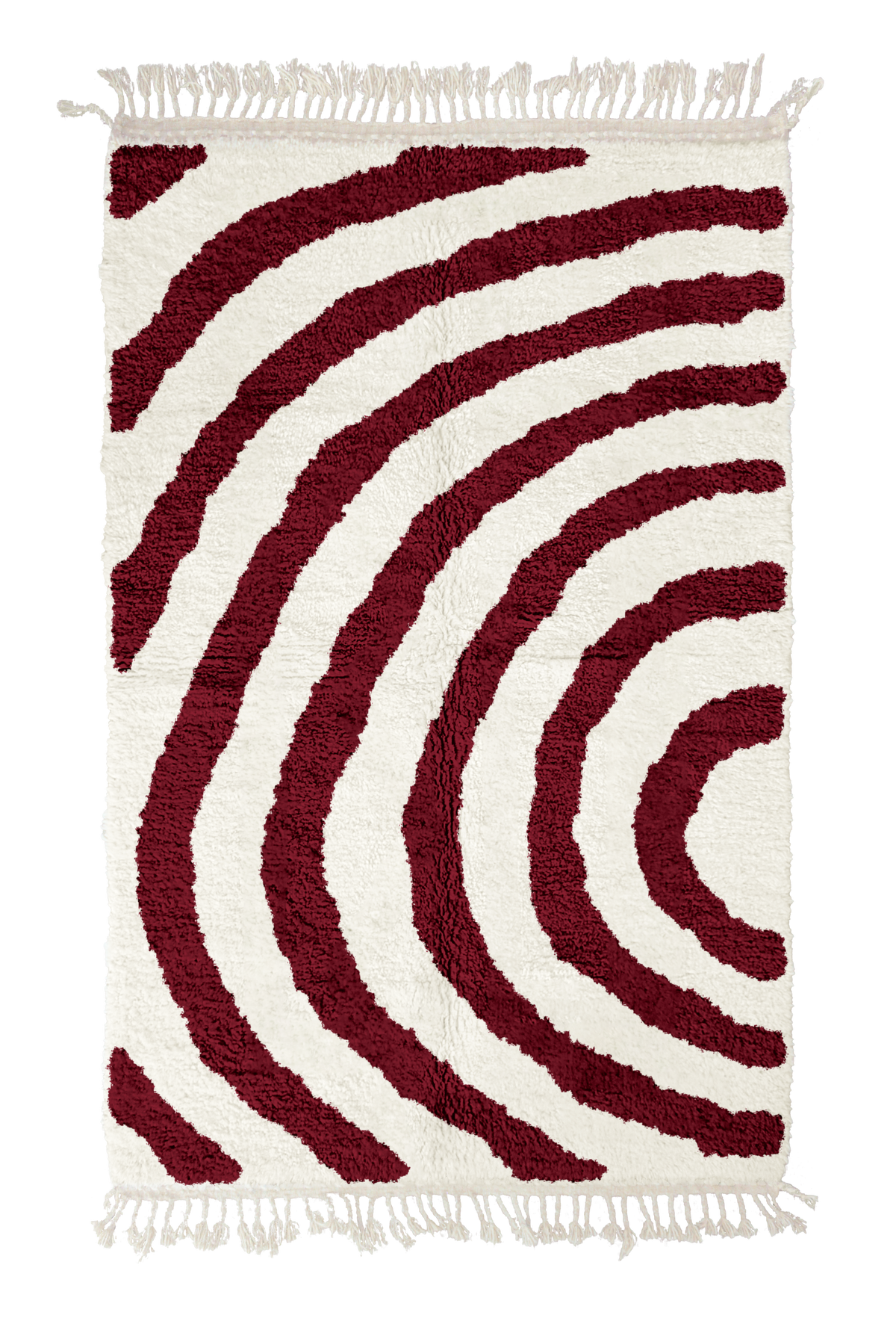 Arc Stride zebra stripe wool rug, burgundy stripes on cream, full view from above with fringed ends