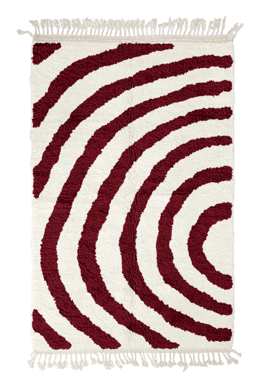 Arc Stride zebra stripe wool rug, burgundy stripes on cream, full view from above with fringed ends