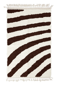 Load image into Gallery viewer, Turning Stride zebra stripe wool rug, dark brown stripes on cream, full view from above with fringed ends

