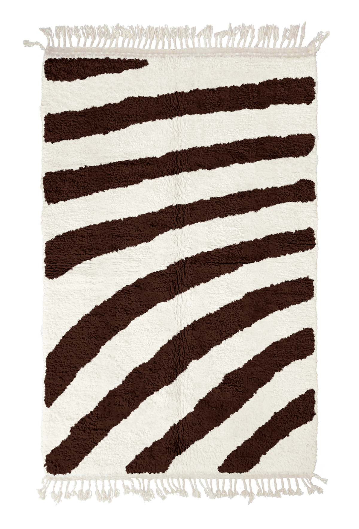 Turning Stride zebra stripe wool rug, dark brown stripes on cream, full view from above with fringed ends