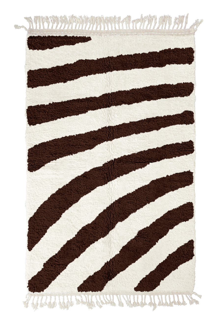 Turning Stride zebra stripe wool rug, dark brown stripes on cream, full view from above with fringed ends