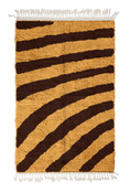 Load image into Gallery viewer, Turning Stride zebra stripe wool rug, dark brown stripes on ochre yellow, full view from above with fringed ends
