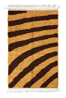 Turning Stride zebra stripe wool rug, dark brown stripes on ochre yellow, full view from above with fringed ends