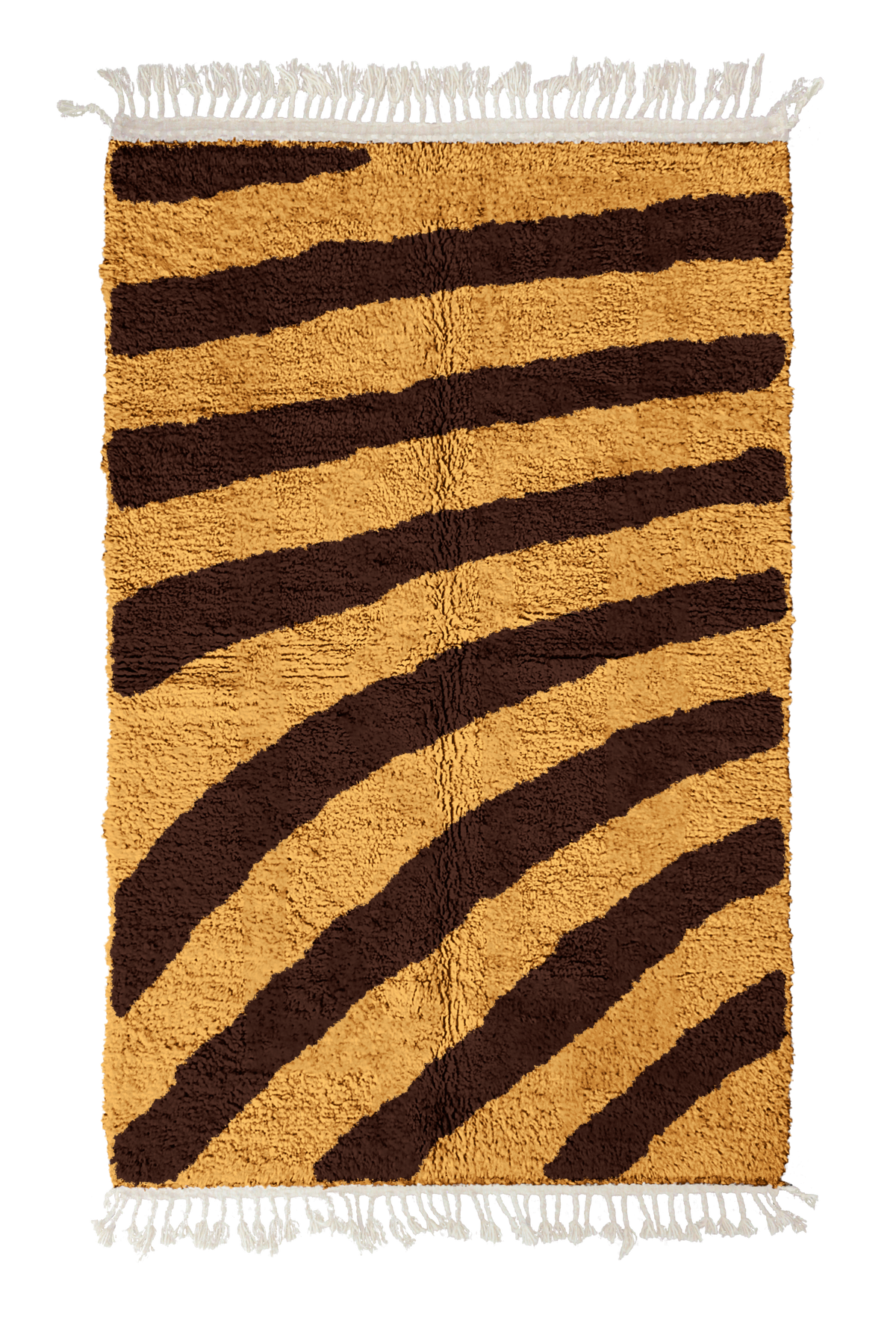 Turning Stride zebra stripe wool rug, dark brown stripes on ochre yellow, full view from above with fringed ends