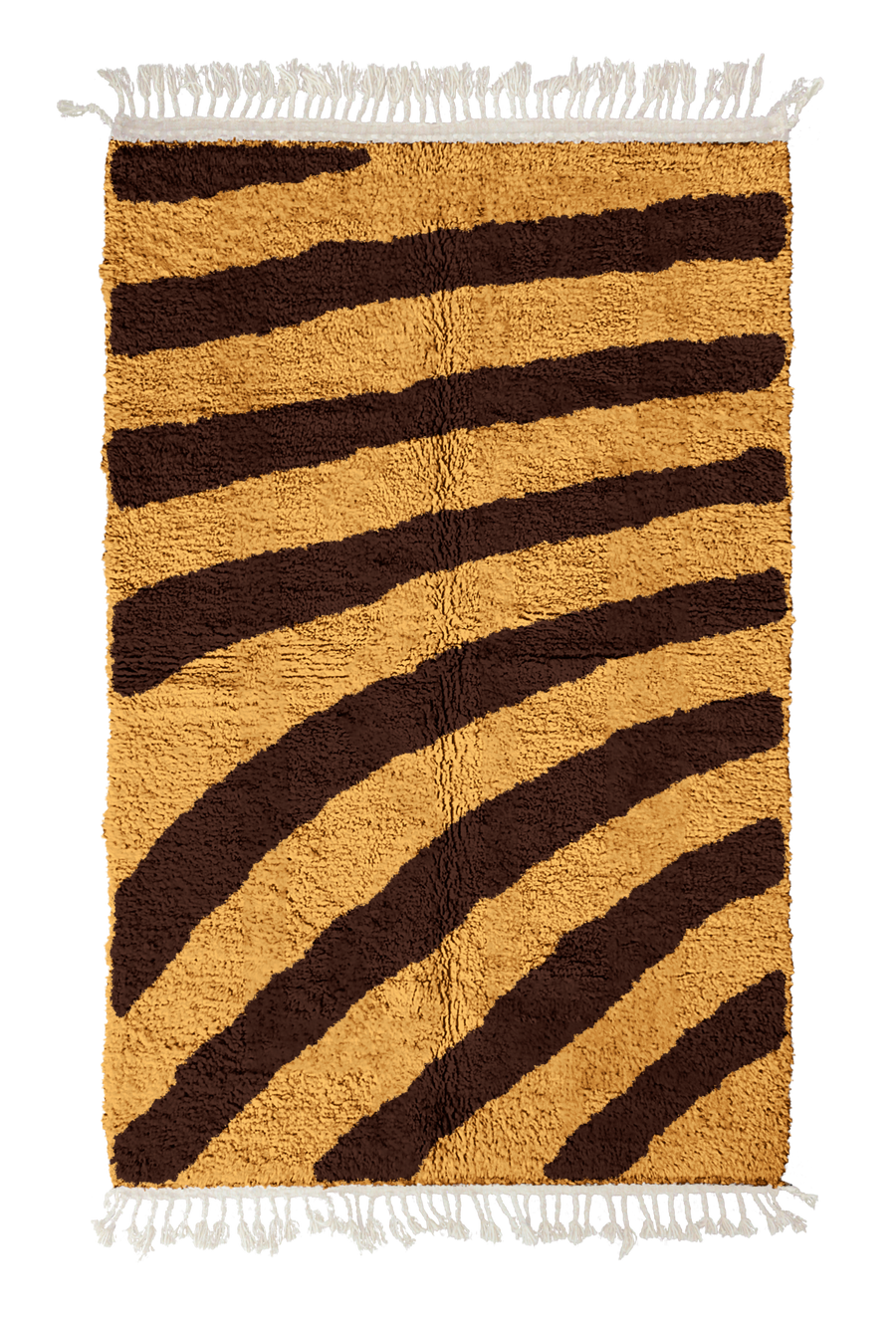 Turning Stride zebra stripe wool rug, dark brown stripes on ochre yellow, full view from above with fringed ends