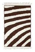 Load image into Gallery viewer, Turning Stride zebra stripe wool rug, cream stripes on dark espresso brown, full view from above with fringed ends
