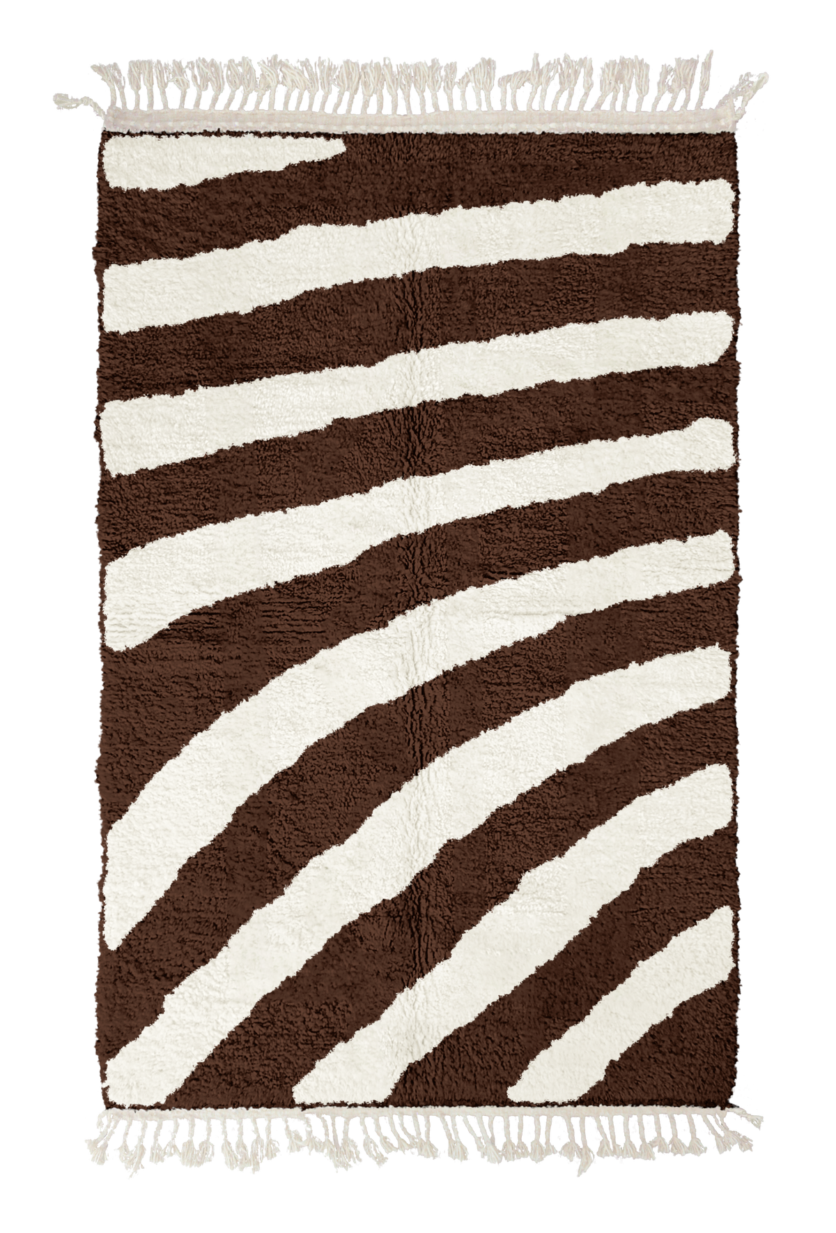 Turning Stride zebra stripe wool rug, cream stripes on dark espresso brown, full view from above with fringed ends