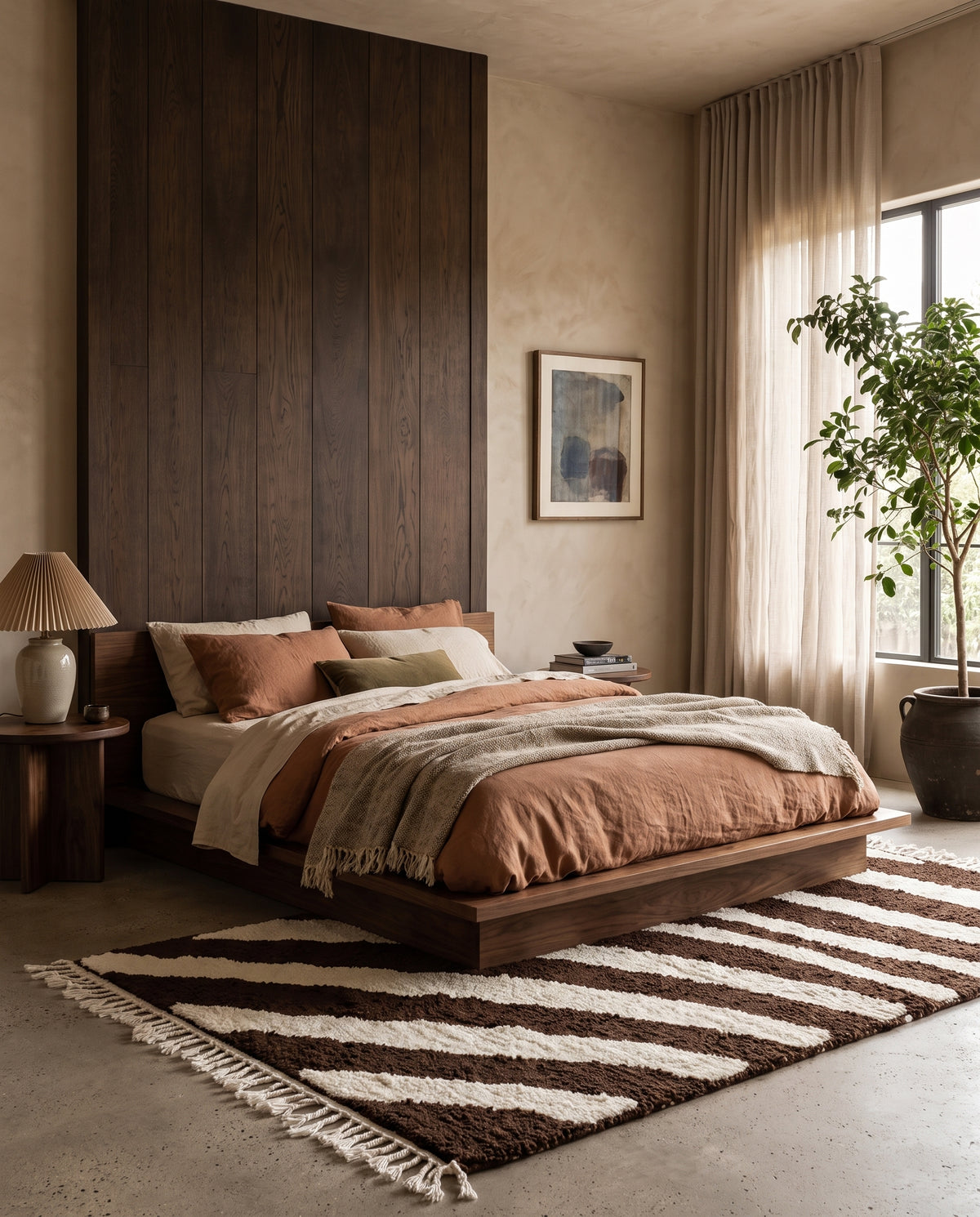 Cream and Dark Brown zebra stripe wool rug in a furnished room