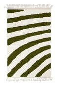 Load image into Gallery viewer, Turning Stride zebra stripe wool rug, olive green stripes on cream, full view from above with fringed ends
