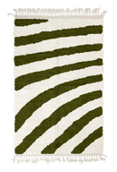 Turning Stride zebra stripe wool rug, olive green stripes on cream, full view from above with fringed ends