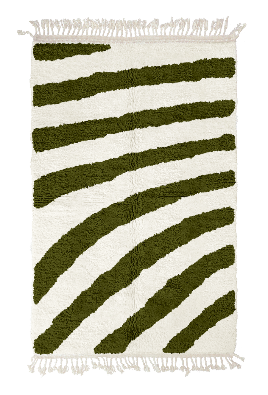 Turning Stride zebra stripe wool rug, olive green stripes on cream, full view from above with fringed ends