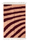 Load image into Gallery viewer, Turning Stride zebra stripe wool rug, oxblood red stripes on blush pink, full view from above with fringed ends
