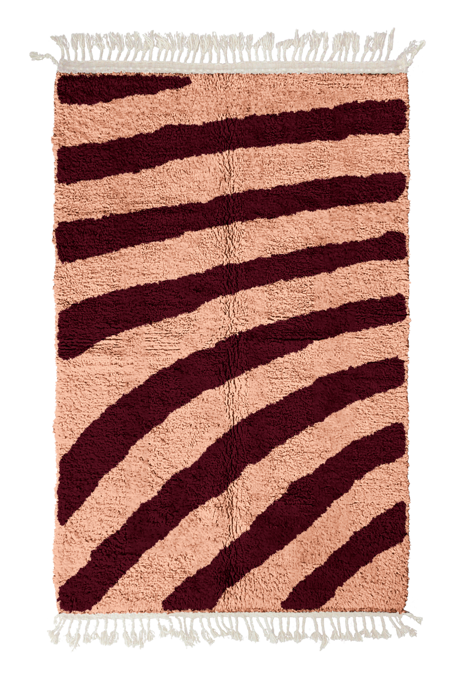 Turning Stride zebra stripe wool rug, oxblood red stripes on blush pink, full view from above with fringed ends